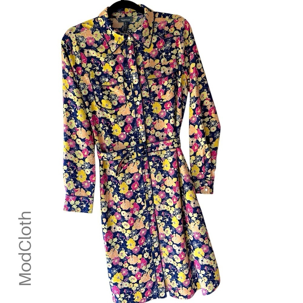 MODCLOTH | NWOT | FLORAL SHIRT DRESS WESTERN STYLE SNAP FRONT BELTED | SMALL